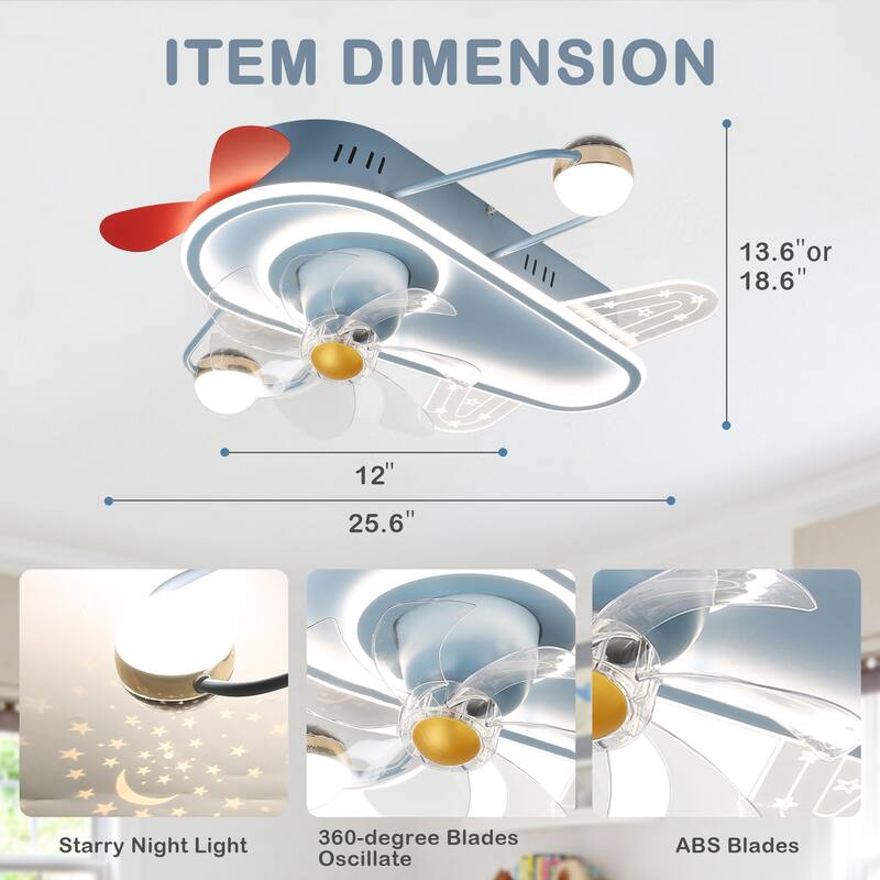 Cusp Barn 26" Modern Decoration Cartoon Airplane Ceiling Fan with Light, Silent DC Motor Dimmable LED Starry Lighting Fixtures