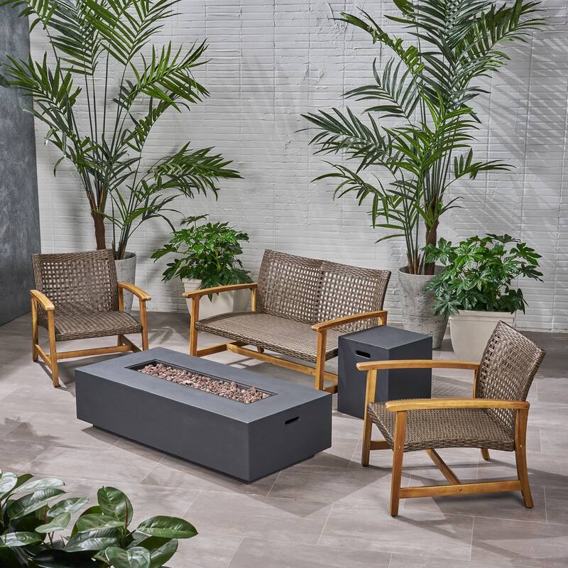 Augusta Outdoor Acacia Wood and Wicker 4 Seater Chat Set with Fire Pit by Christopher Knight Home