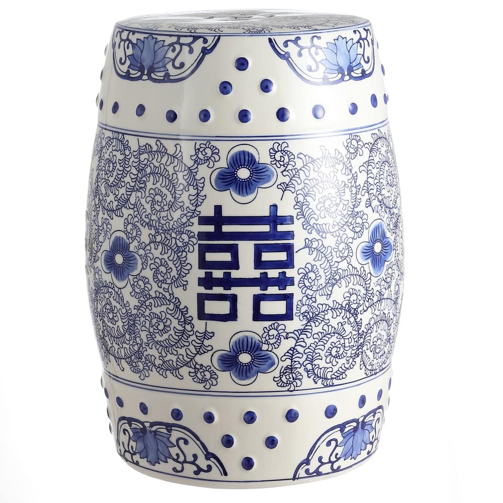 Double Happiness 18" Chinoiserie Ceramic Drum Garden Stool, Blue/White