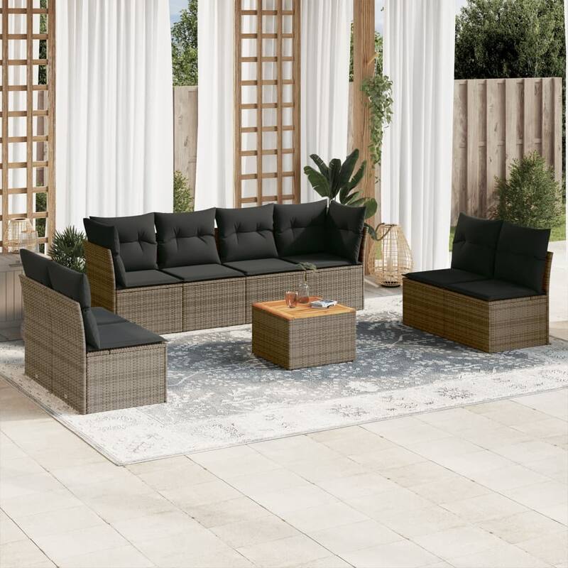 vidaXL Patio Sofa Set with Cushions Outdoor Furniture 9 Piece Poly Rattan - 21.7 x 21.7 x 14.6 - Gray