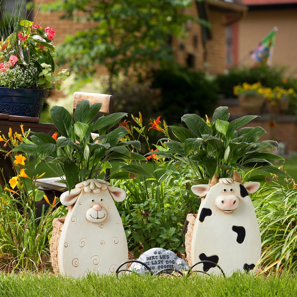 Glitzhome Set of 2 MGO Cute Sheep & Cow Statue Planter