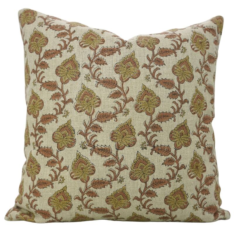 Fabdivine Floral Block Print Linen Throw for Farmhouse Dining or Bedroom Décor Brown Farmhouse Cushion Cover, Madhubala - Pillow Covers - Madhubala- Brown, Mustard - 24" x 24"