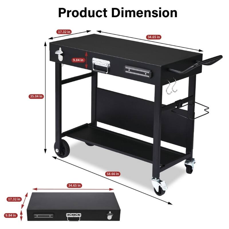 Portable 4-Wheel Collapsible BBQ Prep Table Black Outdoor Grill Station - N/A