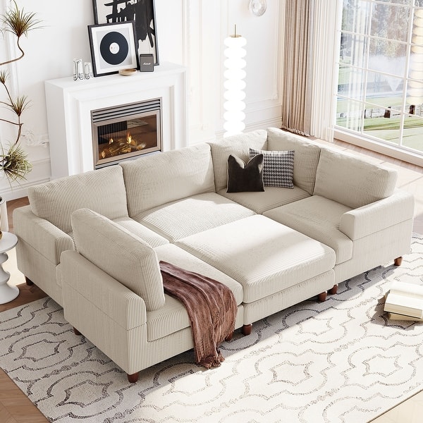 Beige L Shaped Corner Modular Sectional Sofa with Ottoman for Living Room, Office, Spacious Space - Bed Bath & Beyond