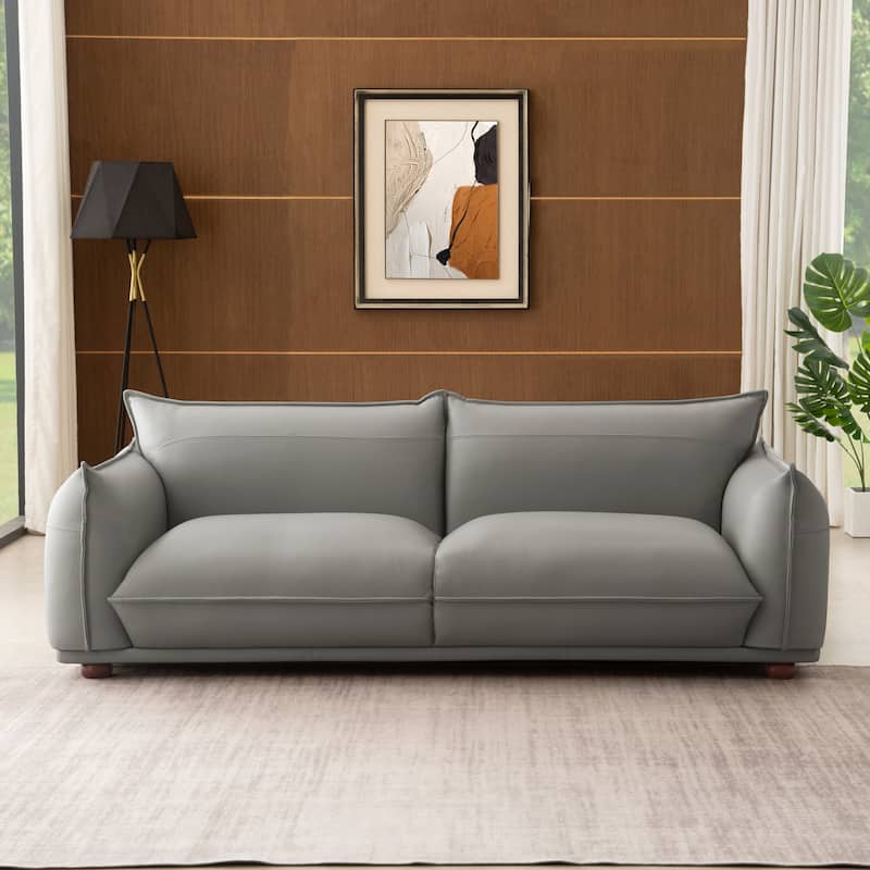 Manar Mid-Century Modern Luxury Genuine Leather Couch - Grey