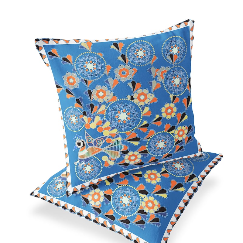 HomeRoots Set of Two 16" X 16" Blue and Orange Peacock Blown Seam Floral Indoor Outdoor Throw Pillow - 16.00' X '16.00' X '5.00