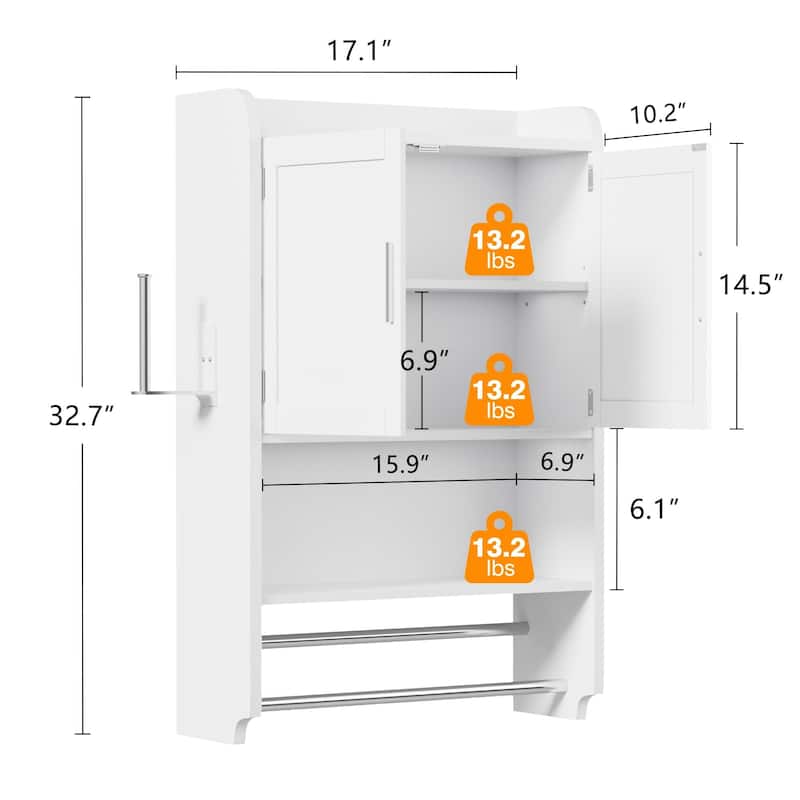 VECELO Bathroom Wall Cabinet Over Toilet Storage Cabinet Medicine Cabinet Space Saving with 2 Doors Open Shelves Towel Bars