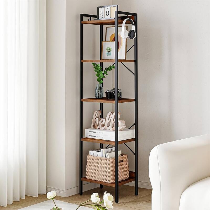 Book Shelf Industrial Bookcase with 2 Hooks - 9.45"D x 15.75"W x 63"H - Brown