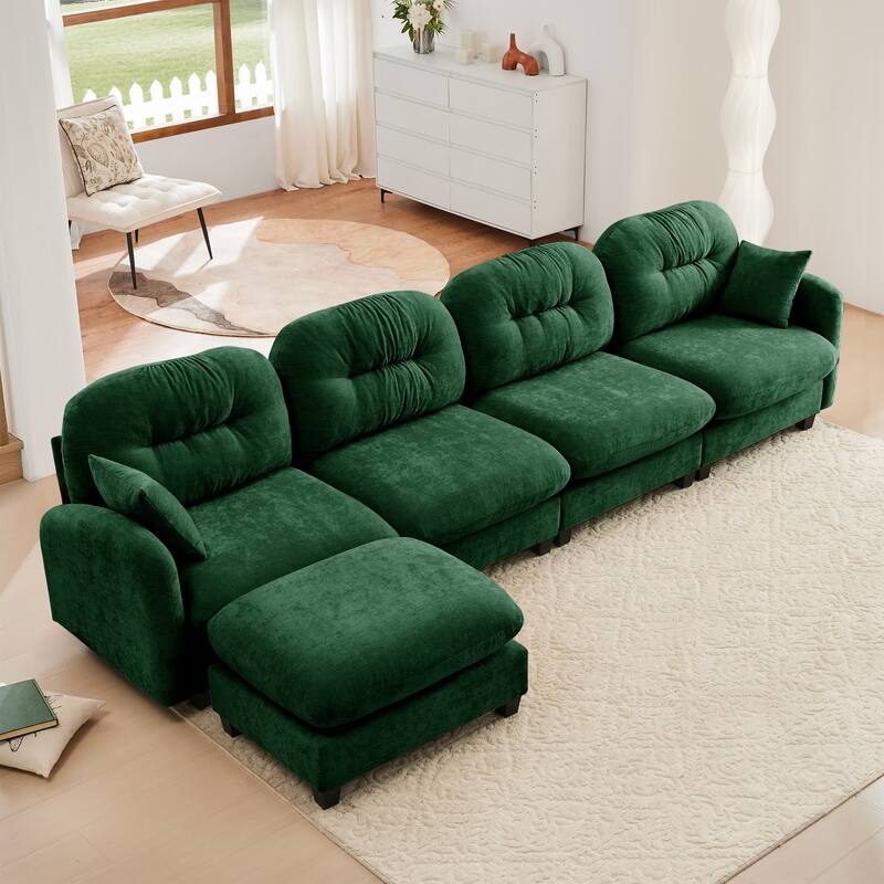 Modular Chenille Tufted Sofas Fits Bedroom, Living Rooms - Green(4 Seat+1 Ottoman)