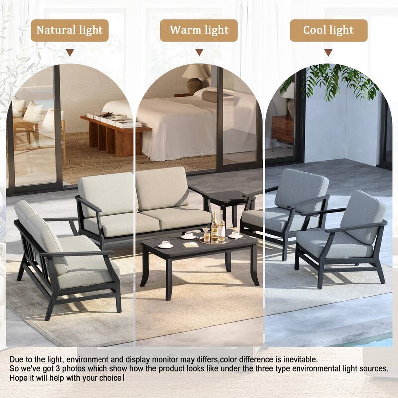 6-Seat Outdoor Teak Wood Patio Conversation Set with Cushions Tables