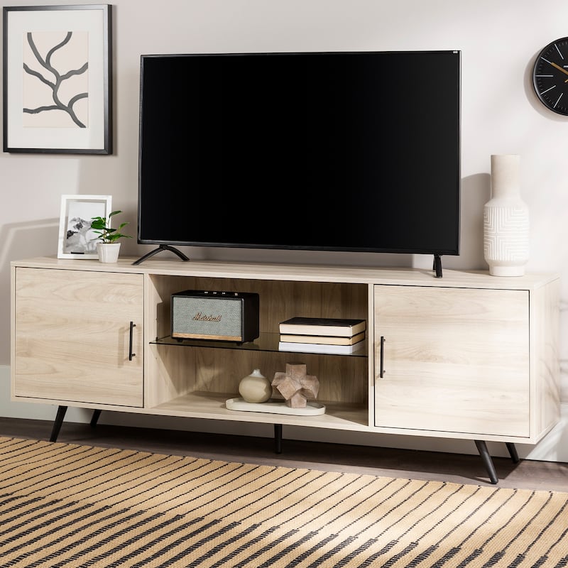 Stylish 70" Mid-Century Modern TV Stand for 80" TVs - Features Glass Shelf and Adjustable Doors
