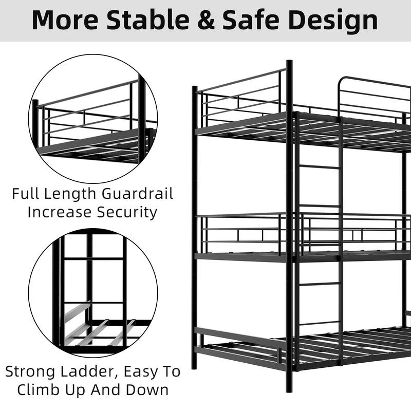 Heavy-duty triple frame bed with built-in ladder and full-length railing