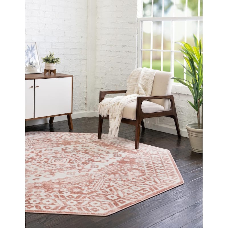 Contemporary Trabzon Collection Area Rug - Pink-Ivory - 7'x7' Octagon