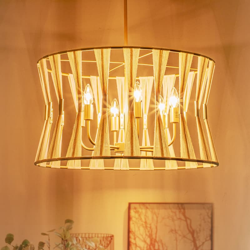 6-Light 23.6" Farmhouse Boho Hand-Woven Ivory Rope Tapered Fabric Drum Chandelier - Bleached Ivory Rope