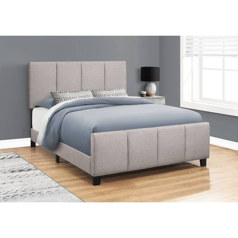Grey Linen-Look Upholstered Queen Platform Bed with Solid Wood Legs and Soft Square-Tufted Headboard