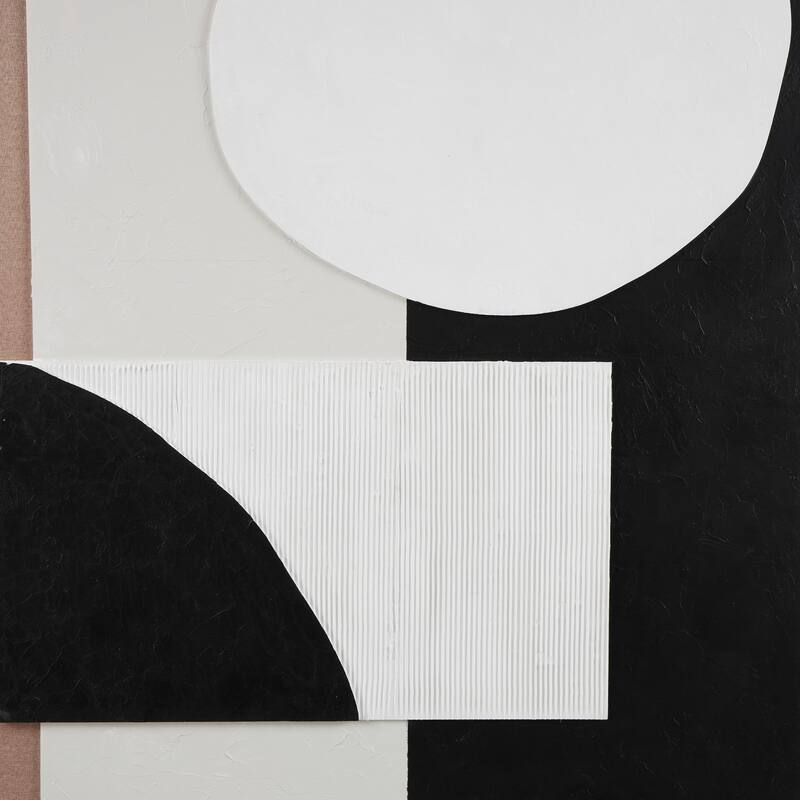 Brown Wood Textured Geometric Framed Wall Art with Abstract Black and White Shapes and Fabric Backing