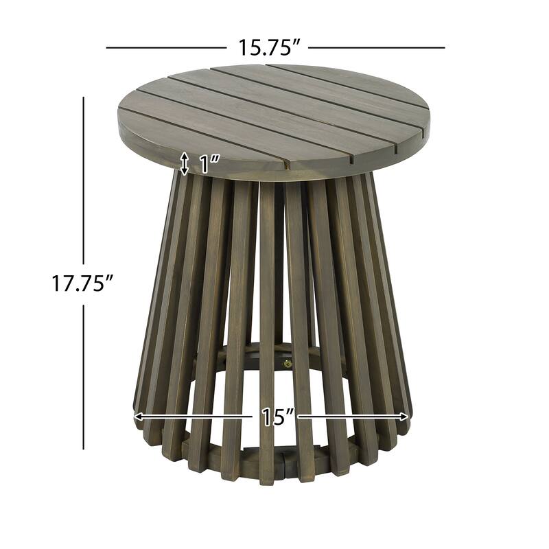 Roomfitters Round Outdoor Acacia Wood Side Table, Slatted Pedestal Base Accent Table for Patio and Balcony