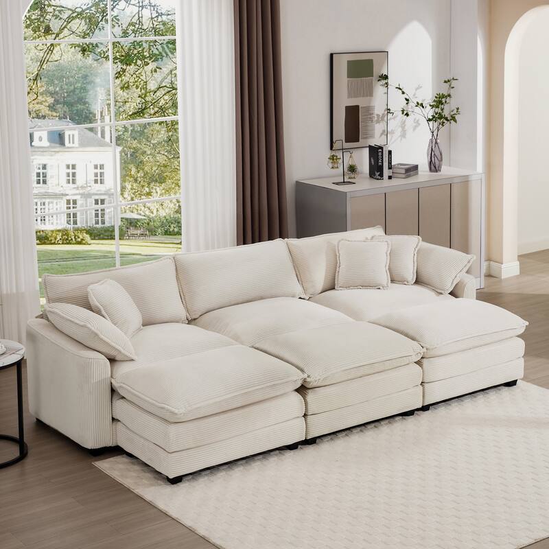 Oversized Corduroy Cloud Upholstered Modular Sleeper Sofa with 3 Removable Ottoman and 5 Pillows - Beige