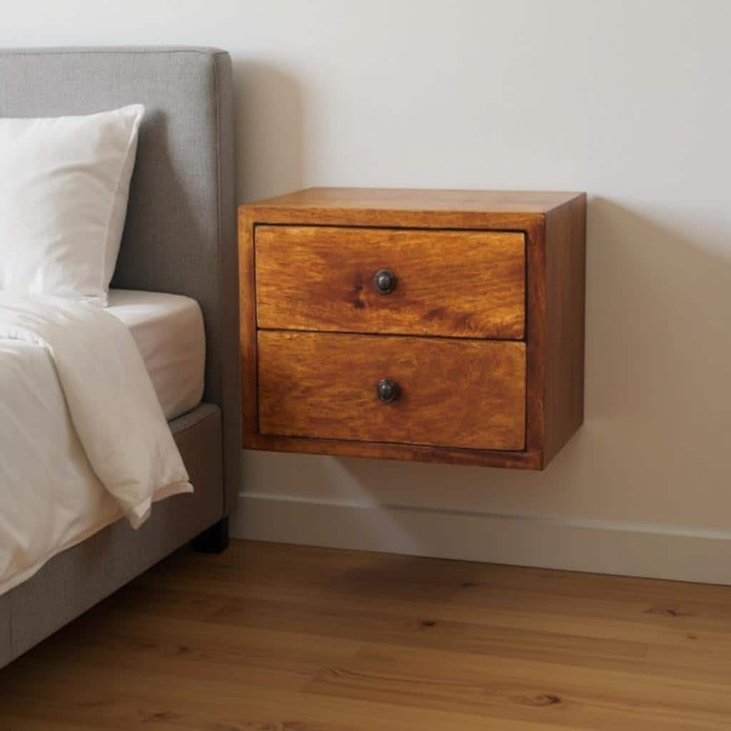 HomeRoots 12" Chestnut Solid Wood Two Drawer Floating Nightstand