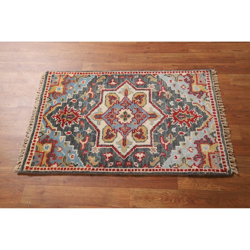 Hand Knotted Oriental 100% Wool Carpet Traditional Medallion Greys & Charcoal Heriz (serapi) Area Rug - 3' 0'' X 2' 0''
