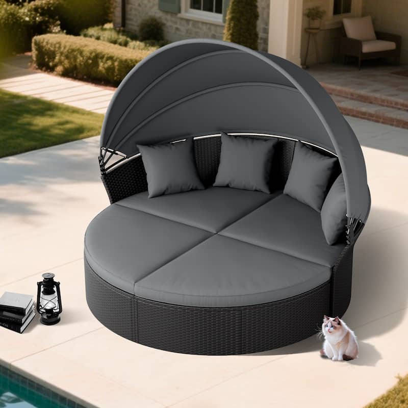 Nuon 4-piece Outdoor Black Wicker Patio Round Daybed Sectional Sofa Set with Retractable Canopy by Havenside Home