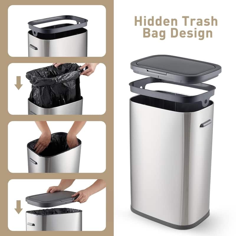 55L/14.5 Gallon Rectangular Kitchen Stainless Steel Trash Can with Pop-Up Lid, Removable Inner Bucket