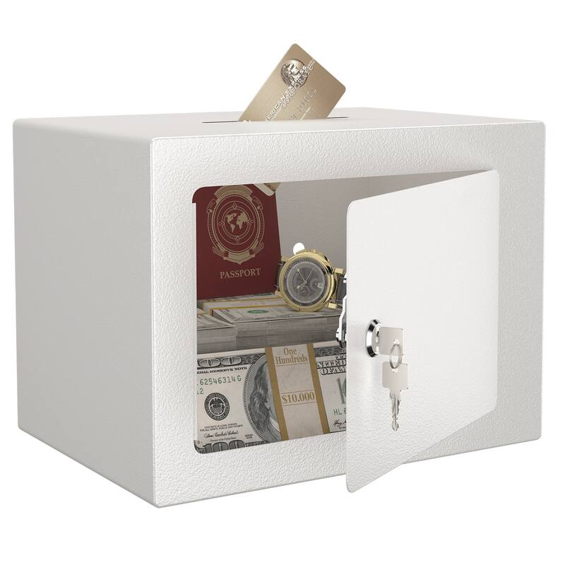 Secure Safe With Key And Password Money Home Safe, 0.23 Cubic Feet Small Safe, Mini Storage Cabinet - White