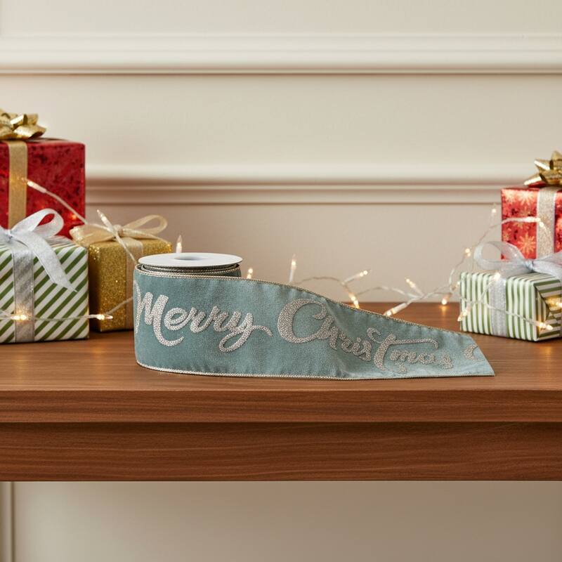 HomeRoots 4" Green And Gold Glittered Merry Christmas Wired Ribbon - Velvet - Green/Gold