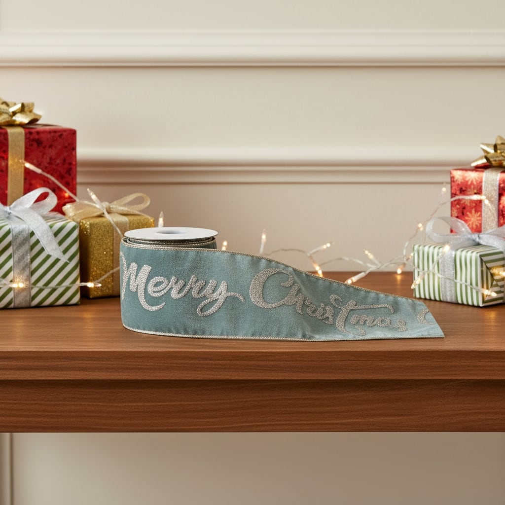 HomeRoots 4" Green And Gold Glittered Merry Christmas Wired Ribbon