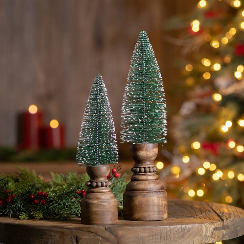 Mini Bottle Brush Tree on Pedestal (Set of 2) - N/A