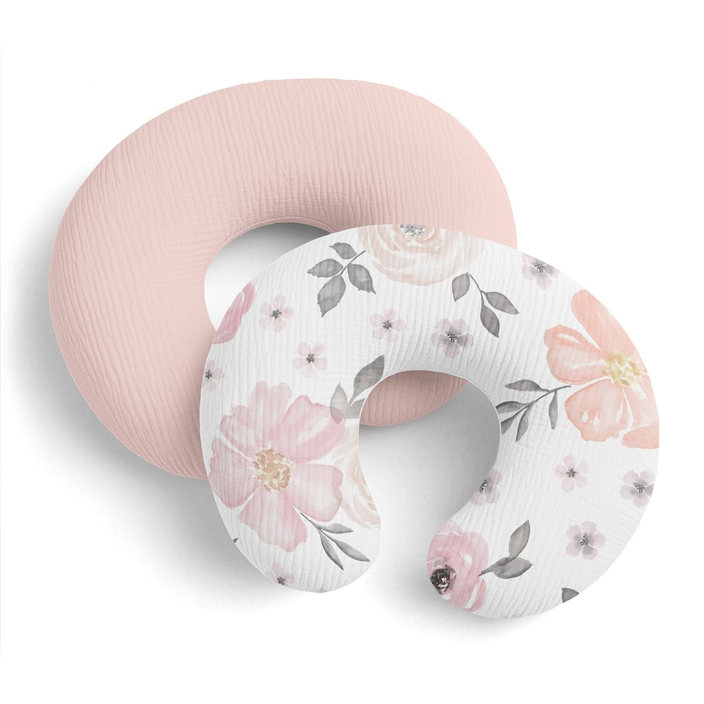 Sweet Jojo Designs Watercolor Floral Pink Girl 2 Pack 100% Cotton Muslin Nursing Pillow Covers - Solid Blush, Shabby, Farmhouse