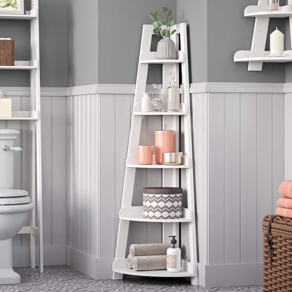 RiverRidge Amery 5-Tier Tall Corner Ladder Shelf Tower with Display Shelf and Corner Storage for Bathroom, Living Room, Office
