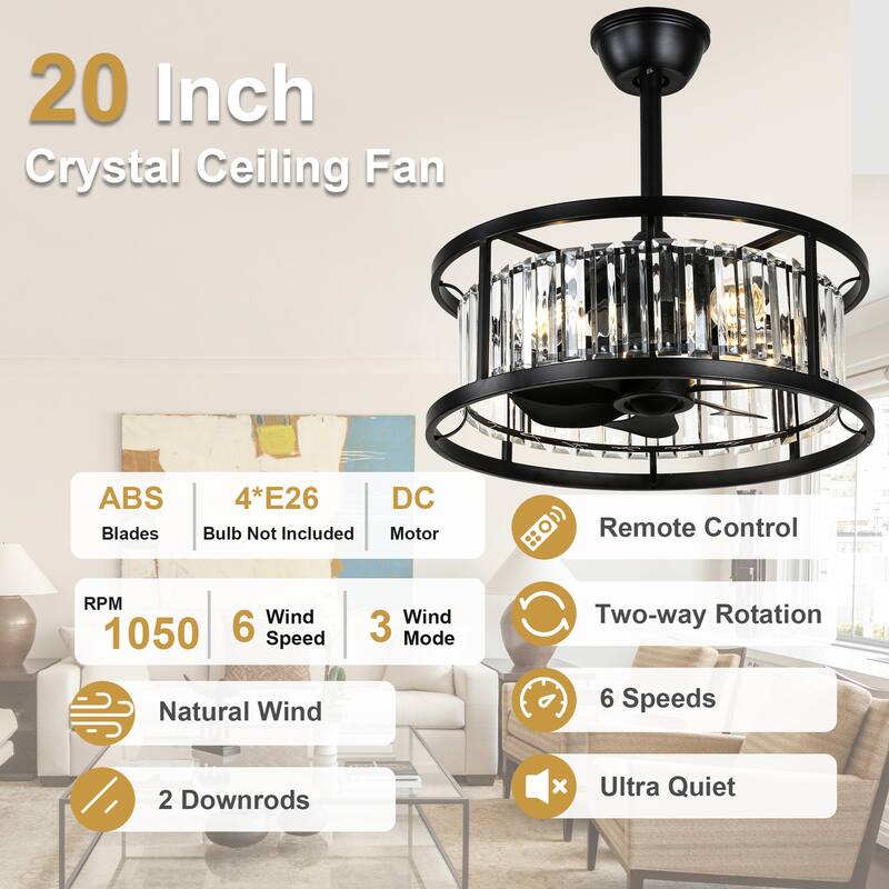 Cusp Barn 20" Black Crystal Caged Ceiling Fan with Light and Remote, Modern 8-Blade Fandelier, DC Motor Reversible Ceiling Fan