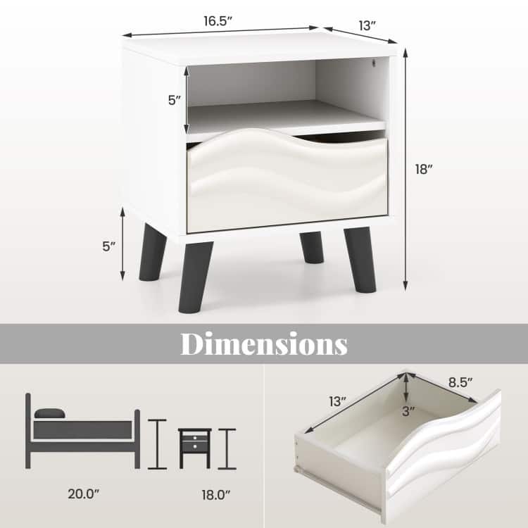 White and Black Nightstand with 3D Wavy Drawer Open Shelf and Tapered Feet