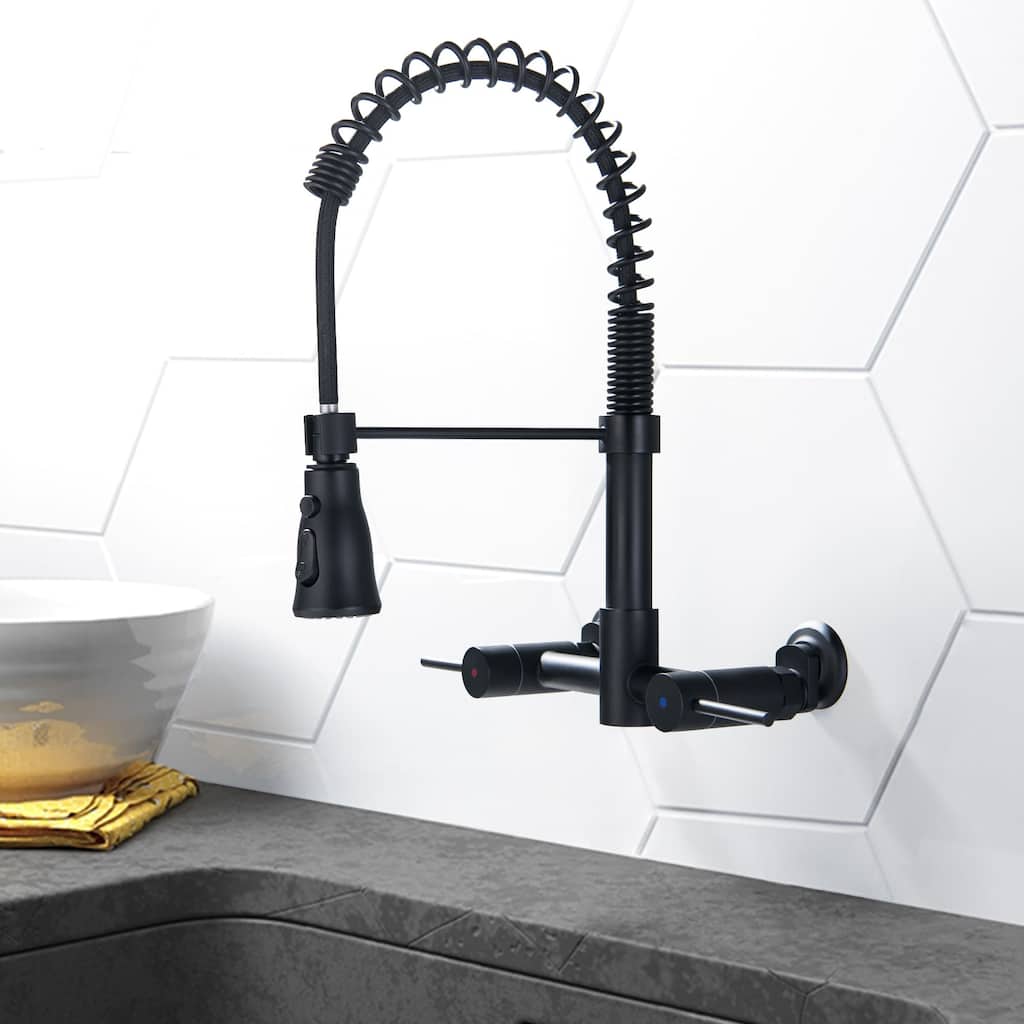 Wall Mount Commercial Kitchen Faucet With Pull Down Sprayer 2 Hole 8 Inch Kitchen Sink Faucet Matte Black Spring Basin Tap