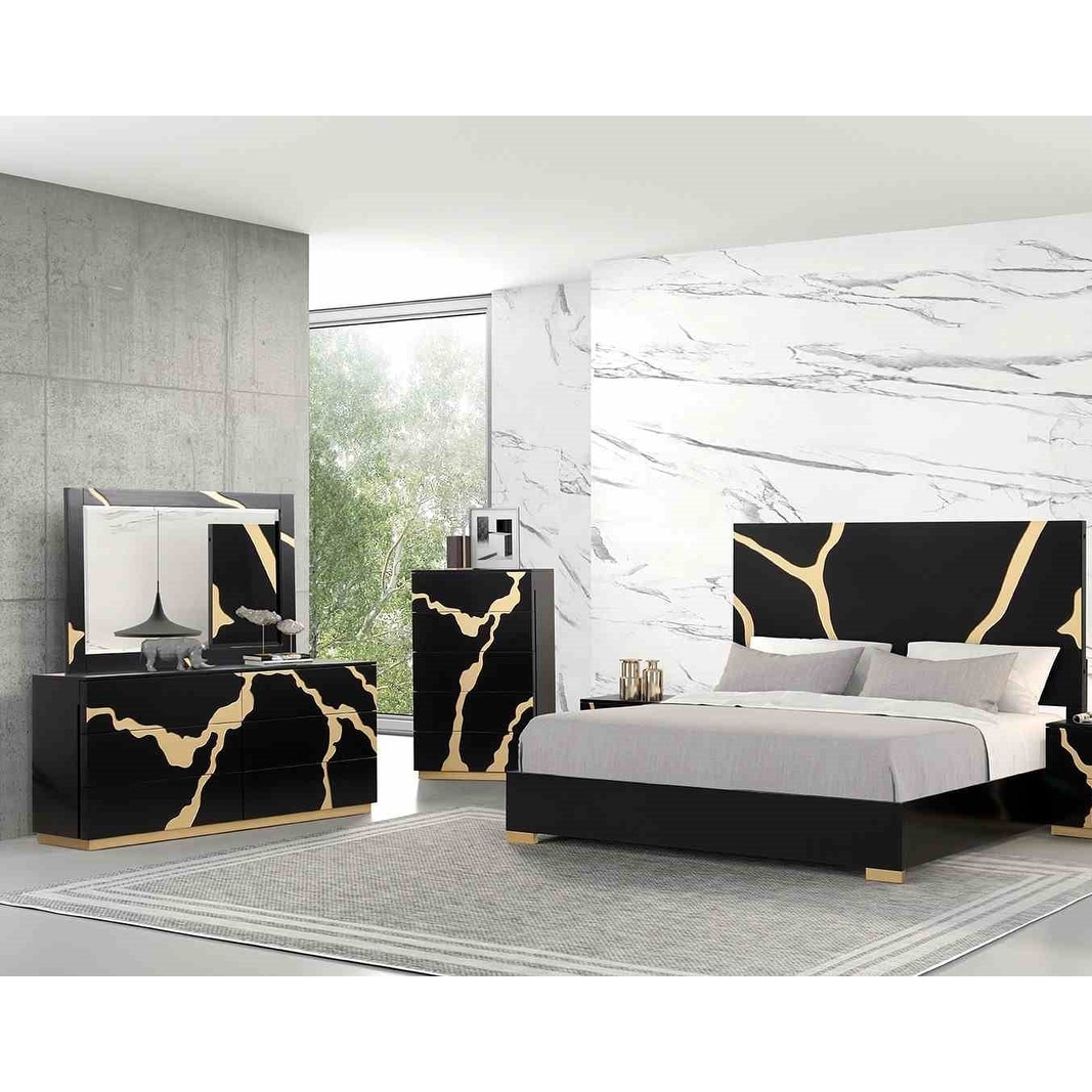 Luxurious 4pc Bedroom Furniture Set Black Gold Finish