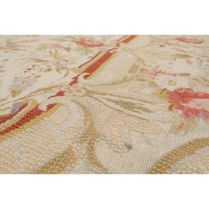 8x10'2'' Hand Woven Wool Ivory Aubusson Needlepoint Rare Floral Rug - 8' x 10' 2''