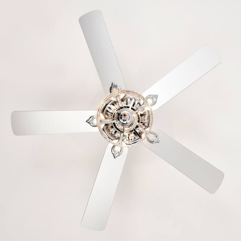52'' Classical Crystal Ceiling Fan Lamp 5 Reversible Blades,Chrome(Hand Pull Chain)