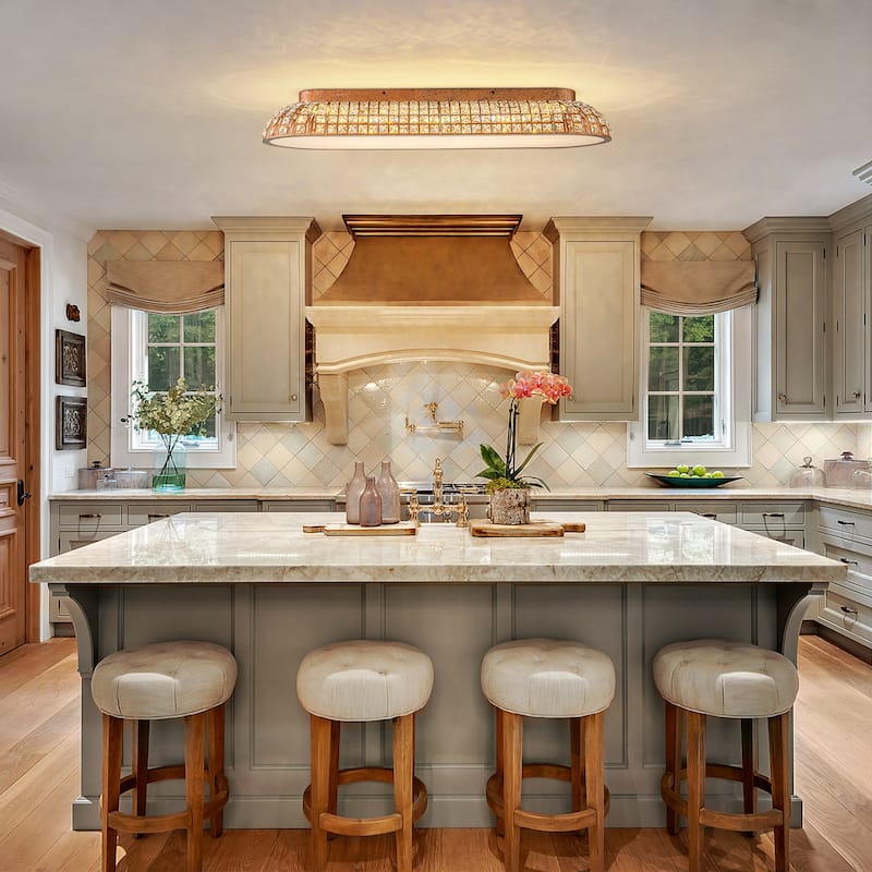 Retro French 38.6" W Antique Brass Linear Rectangle Crystal LED Flush Mount Ceiling Light