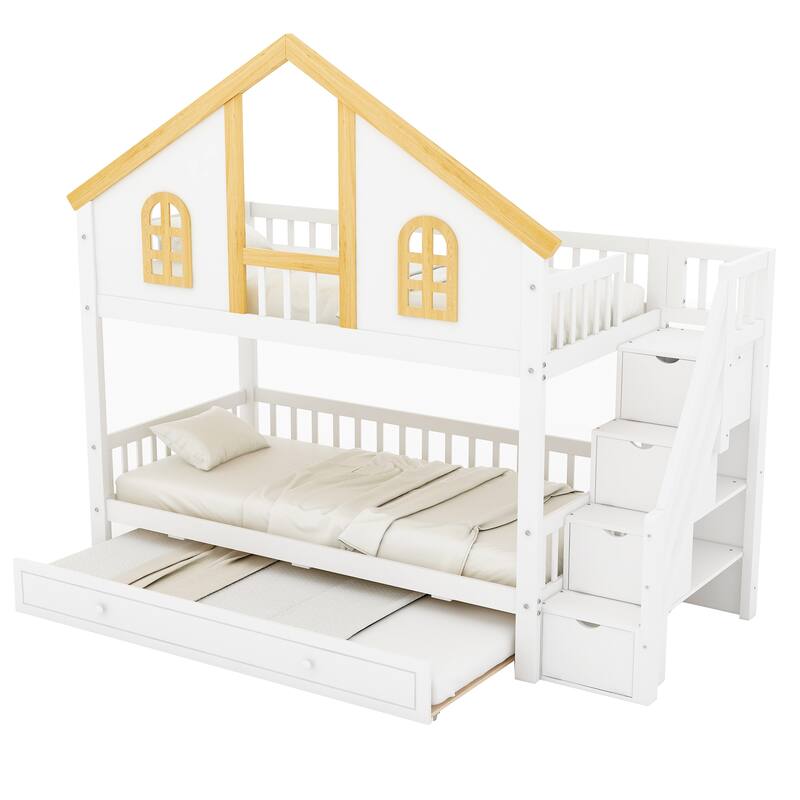 Fairytale Bunk Bed with Window Door House-shaped Roof Frame and Storage Staircase, Optional with Storage Drawers or Trundle Bed
