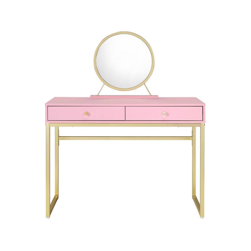 Pink Mirrored Wood Dresser with 2 Drawers and Gold Finish and Modern Vanity - 31” L x 20” W x 42” H
