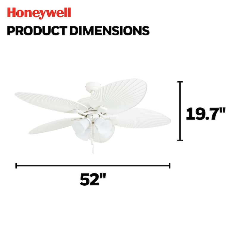 52" Honeywell Palm Lake White Indoor/Outdoor Ceiling Fan with Light, Pull Chain, 5 Palm Leaf Blade