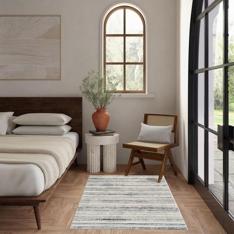 Modern Minimalist Striped Area Rug - Blue/Grey/Cream - Rectangle 4'3" x 5'11"