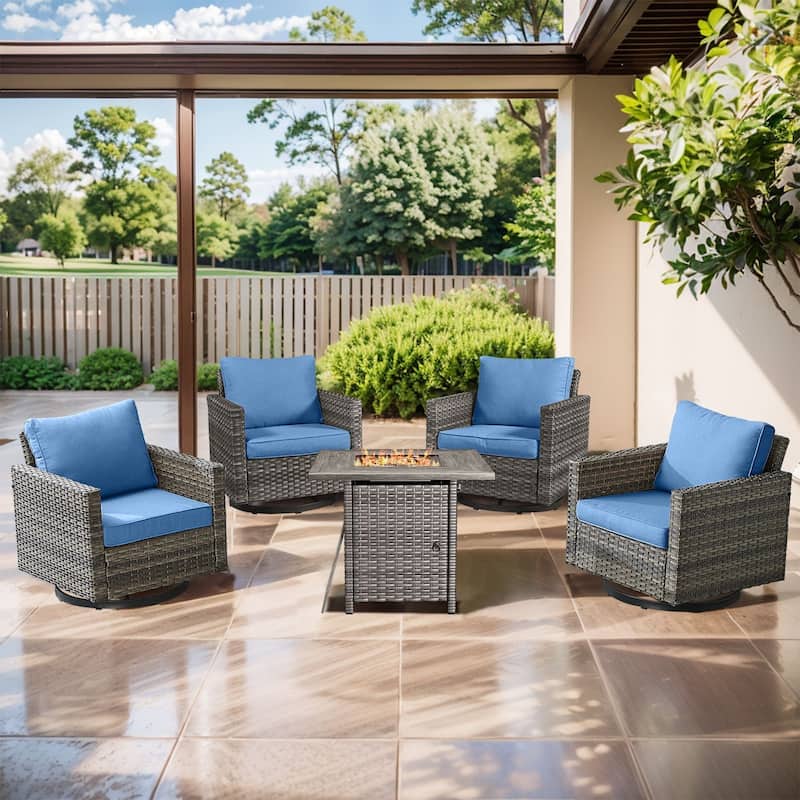 Outdoor Pocassy Glider Chairs Patio Chairs with Fire Table - Grey Wicker Blue Cushion - 5PCS Swivel Chairs