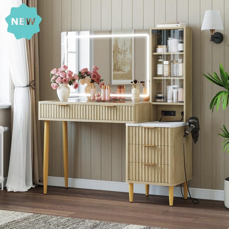 Modern Glass Top Dressing Table with 5 Drawers， LED Mirror