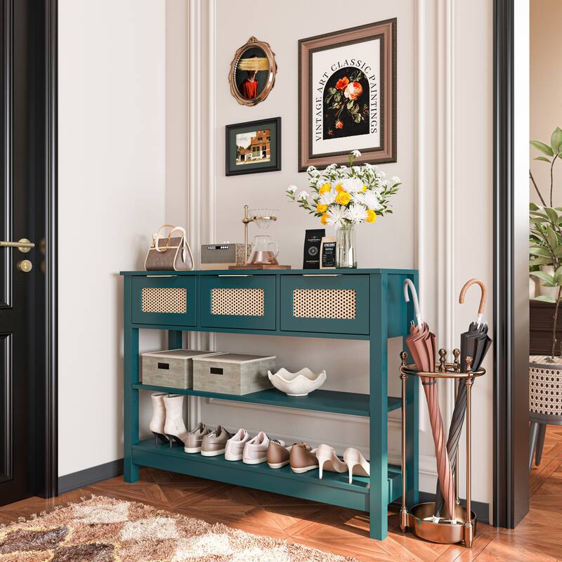 Anmytek Teal Rattan Entryway Console Table with 3 Drawers Adjustable Shelves Boho Chic Storage