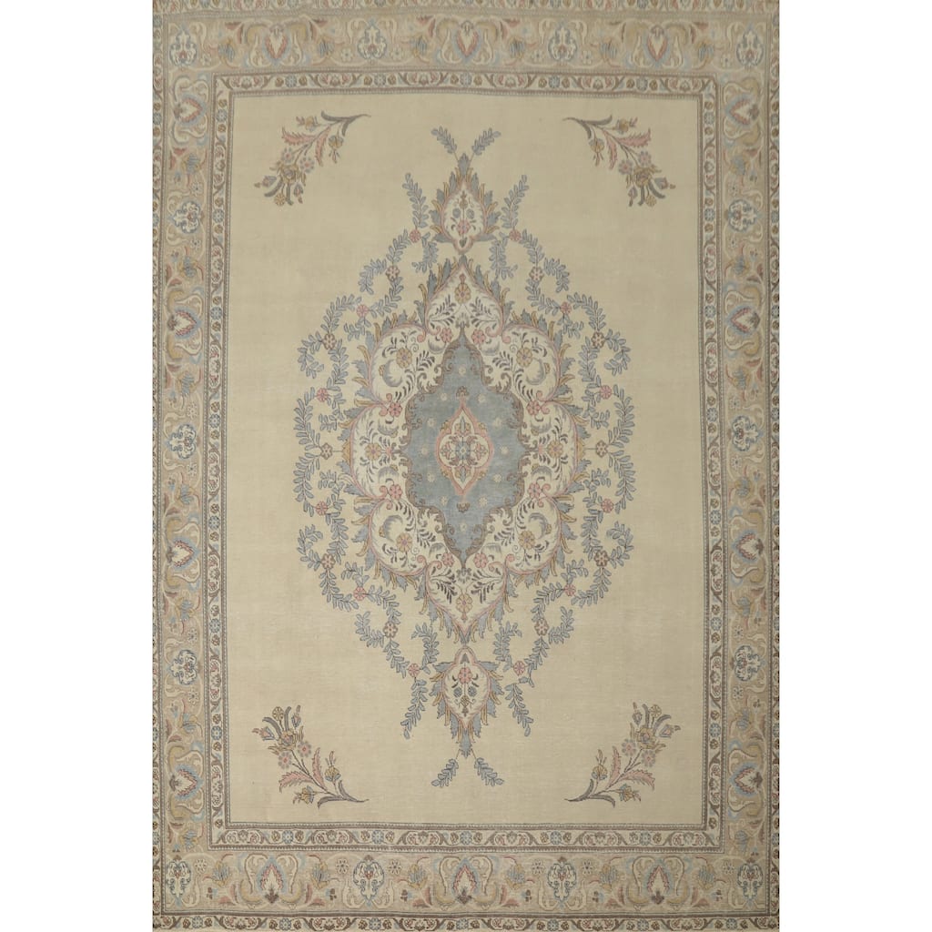 Hand Knotted Oriental 100% Wool Carpet Traditional Medallion Beige & Ivories Tabriz Area Rug - 12' 5'' X 9' 8''