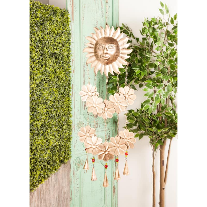 Metal Sun and Moon or Floral Sun and Flowers Windchime with Glass Beads and Cone Bells - Gold - Roche River Decor