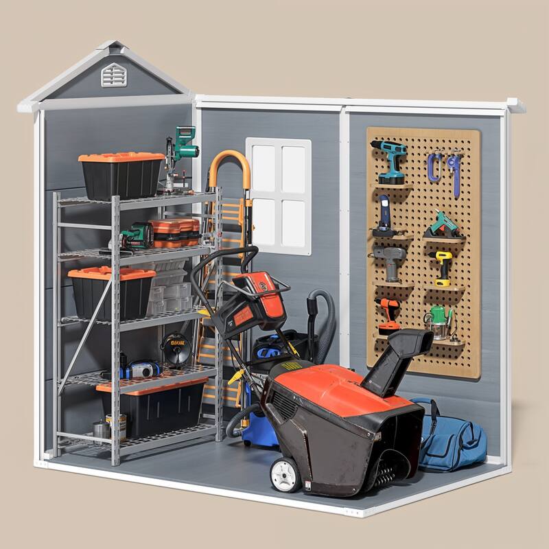 5x3 / 6x4 / 8x6 FT Outdoor Storage Shed with Floor, Resin Garden Tool Shed with Lockable Doors, Waterproof Plastic Storage Sheds