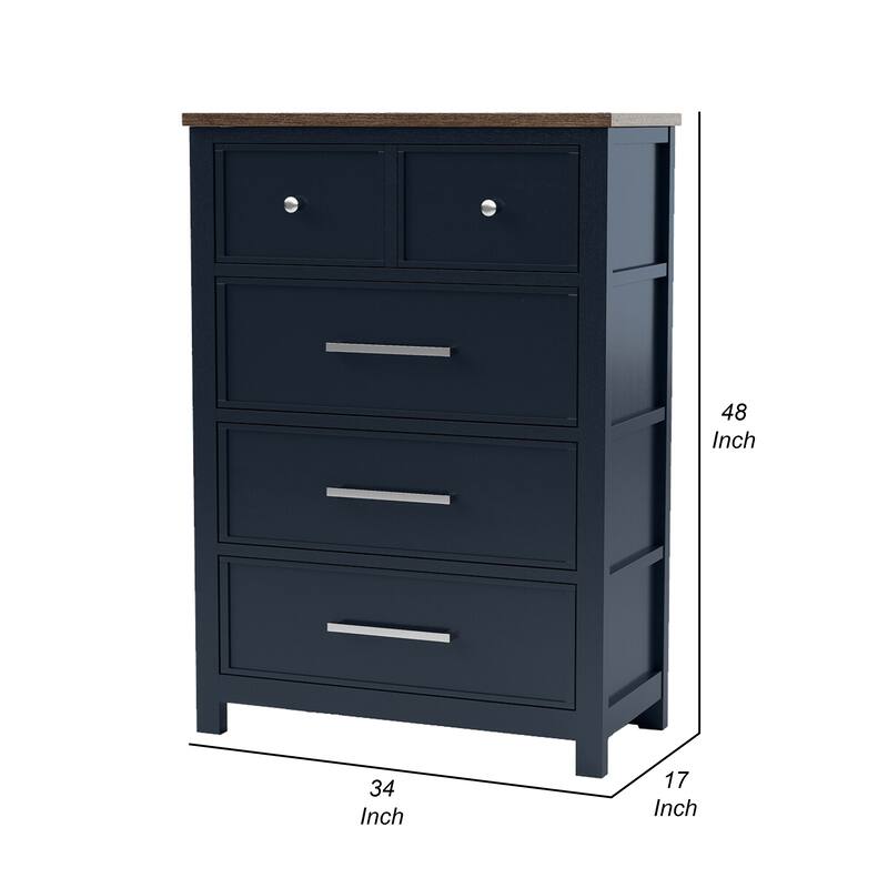 Tela Tall Dresser Chest, 5 Drawers, Metal Handles, Blue Solid Pinewood